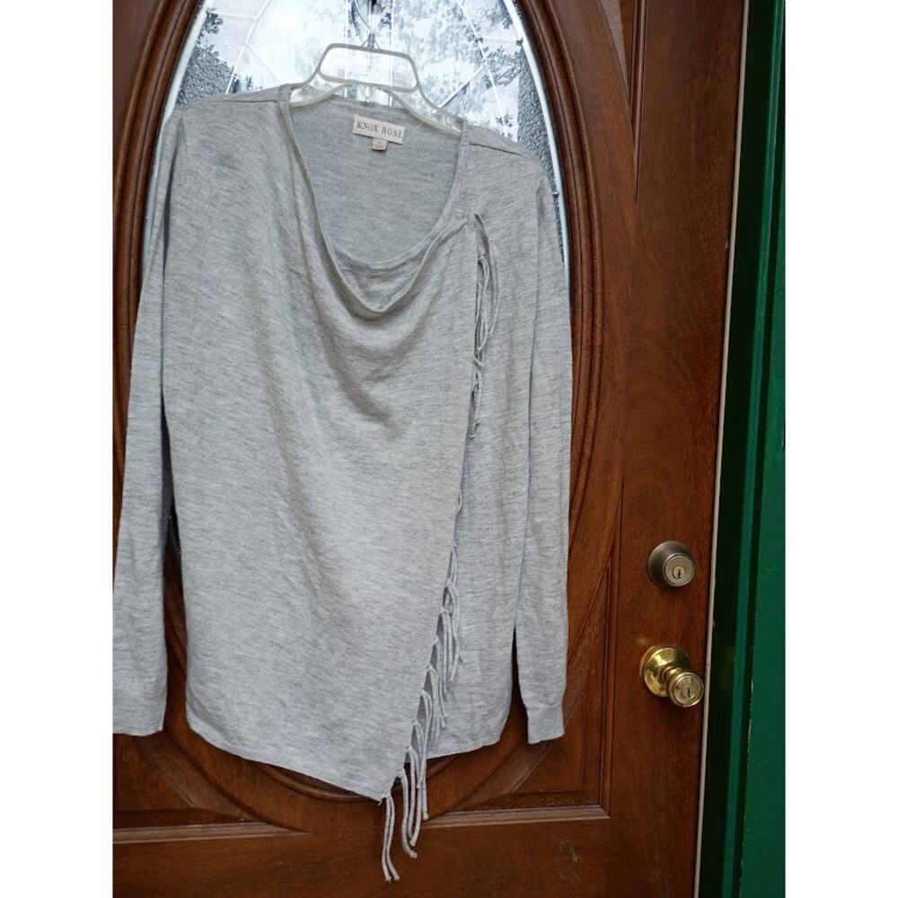 Knox Rose Bohemian Sweater Gray Long Sleeve Draped Fringe Cowl Neck  L